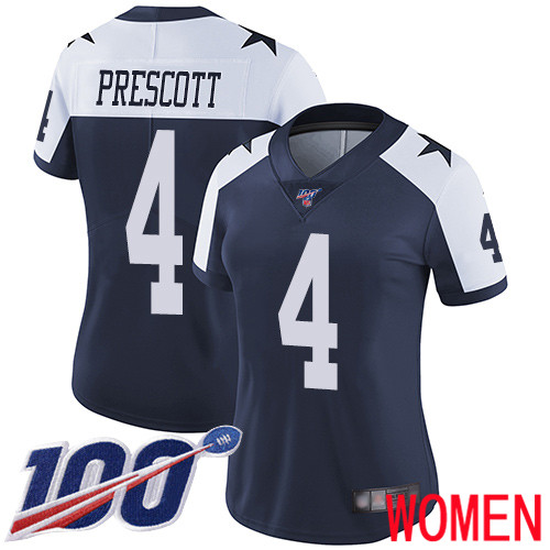 Women Dallas Cowboys Limited Navy Blue Dak Prescott Alternate #4 100th Season Vapor Untouchable Throwback NFL Jersey